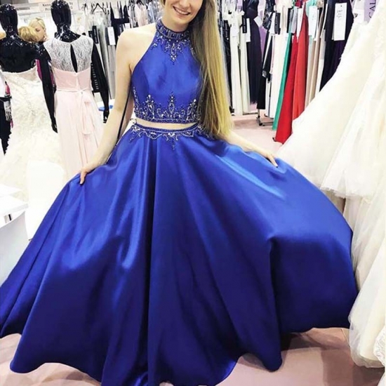 Two Piece Royal Blue Halter Long Prom Dress with Beading Pockets - Click Image to Close