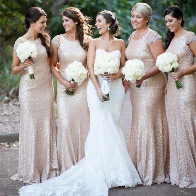 Sheath Bateau Light Champagne Sequined Bridesmaid Dress with Lace Beading