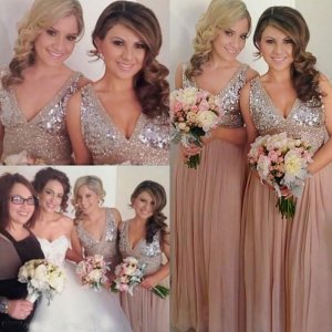 A-Line V-Neck Long Blush Chiffon Bridesmaid Dress with Beading Sequins