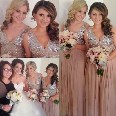 A-Line V-Neck Long Blush Chiffon Bridesmaid Dress with Beading Sequins