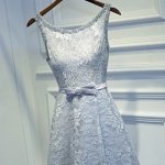 A-Line Scoop Short Blue Lace Prom Dress with Beading Sash