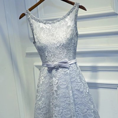 A-Line Scoop Short Blue Lace Prom Dress with Beading Sash