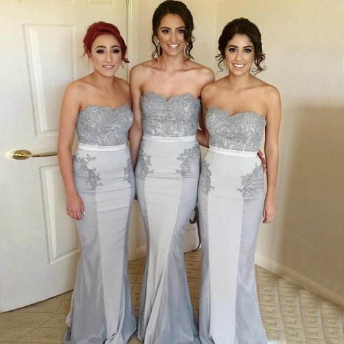 Mermaid Sweetheart Light Grey Bridesmaid Dress with Sash Beading Appliques