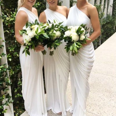 Sheath One Shoulder Floor-Length White Ruched Chiffon Bridesmaid Dress