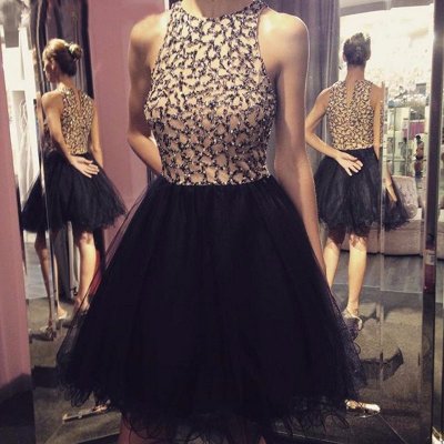 A-Line Round Neck Short Black Tulle Homecoming Dress with Beading