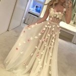 A-Line Straps Sweep Train Ivory Tulle Prom Dress with Appliques Beading
