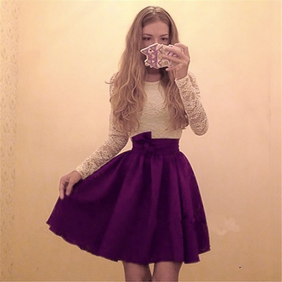 A-Line Round Neck Long Sleeves Purple Short Chiffon Homecoming Dress with Lace - Click Image to Close