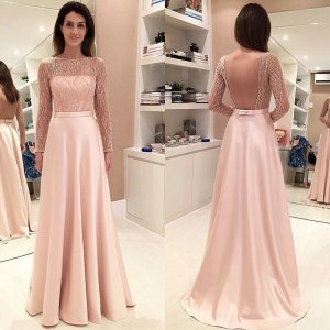 A-Line Bateau Long Sleeves Backless Pearl Pink Satin Prom Dress with Beading