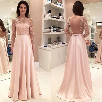 A-Line Bateau Long Sleeves Backless Pearl Pink Satin Prom Dress with Beading