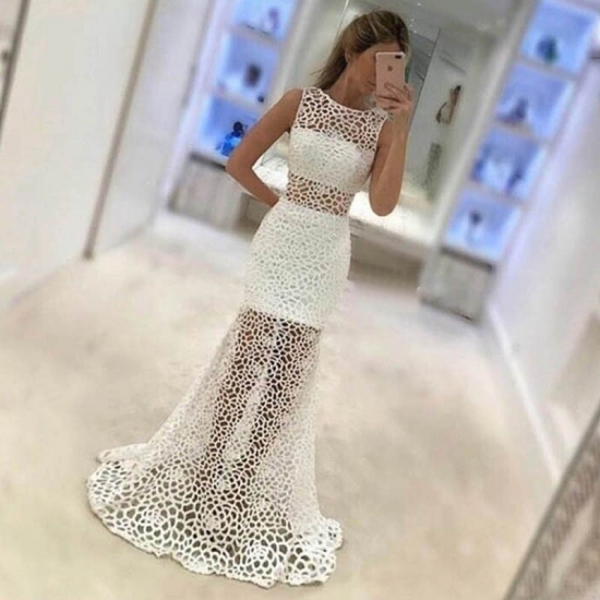 Sheath Round Neck Sweep Train White Sheer Lace Prom Dress - Click Image to Close