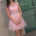 A-Line Illusion Bateau Cap Sleeves Pink Homecoming Dress with Beading Appliques