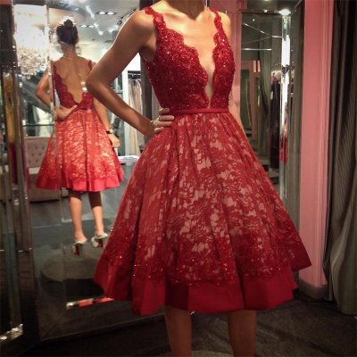 A-Line Deep V-Neck Backless Knee-Length Burgundy Lace Beaded Hoco Dress