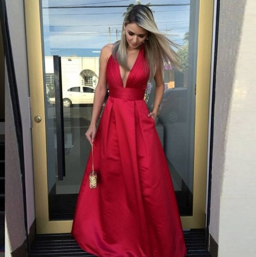 A-Line Illusion V-Neck Dark Red Satin Prom Dress with Pleats Pockets