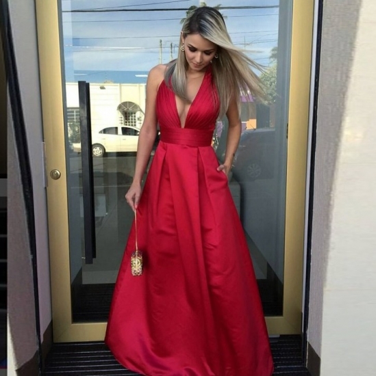 A-Line Illusion V-Neck Dark Red Satin Prom Dress with Pleats Pockets - Click Image to Close