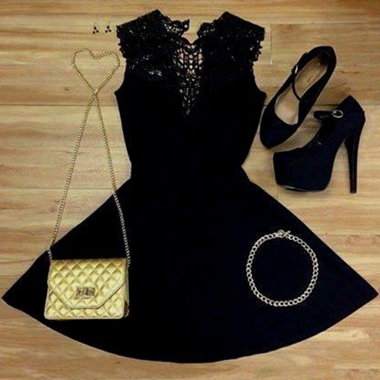 A-Line Jewel Open Back Little Black Dress with Lace - Click Image to Close