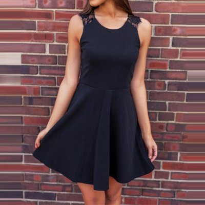 A-Line Jewel Satin with Lace Little Black Dress