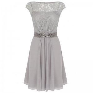 A-Line Cap Sleeves Light Grey Chiffon Mother of The Bride Dress with Lace Beading
