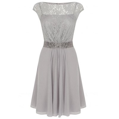 A-Line Cap Sleeves Light Grey Chiffon Mother of The Bride Dress with Lace Beading