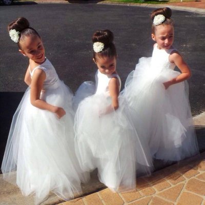 A-Line Bateau Backless White Tulle Flower Girl Dress with Lace