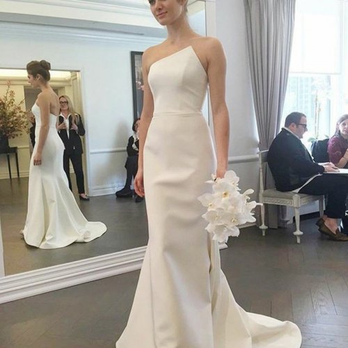 Sheath Strapless Sweep Train Ivory Elastic Satin Wedding Dress