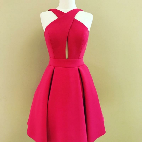 A-Line Cross Neck Keyhole Rose Pink Satin Homecoming Dress Cut Out Back - Click Image to Close