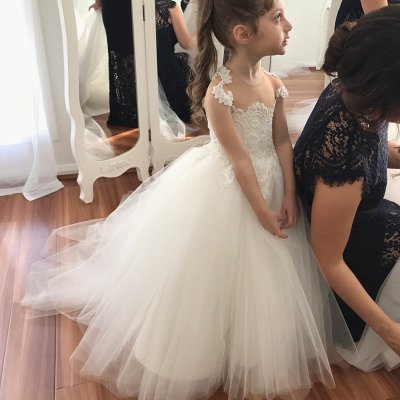 Ball Gown Round Neck Sheer Back White Tulle Flower Girl Dress with Lace