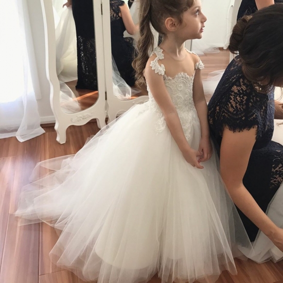 Ball Gown Round Neck Sheer Back White Tulle Flower Girl Dress with Lace - Click Image to Close