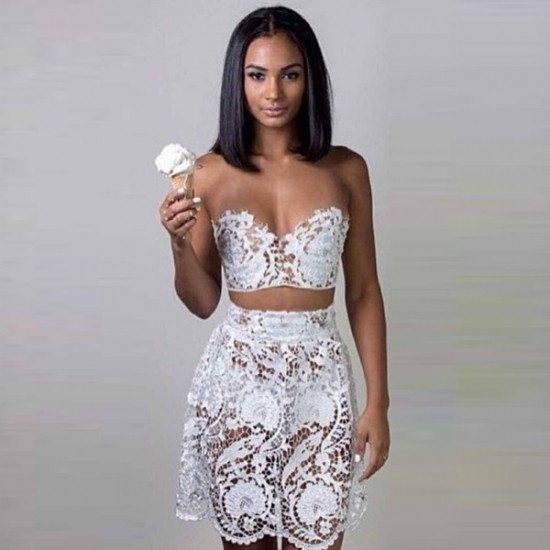 Two Piece Sweetheart Short White Lace Homecoming Dress - Click Image to Close