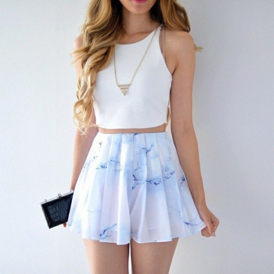 Two Piece Bateau Short Printed White Chiffon Homecoming Dress - Click Image to Close