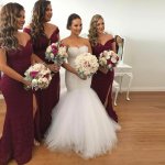 Sheath Off-the-Shoulder Burgundy Lace Bridesmaid Dress with Split