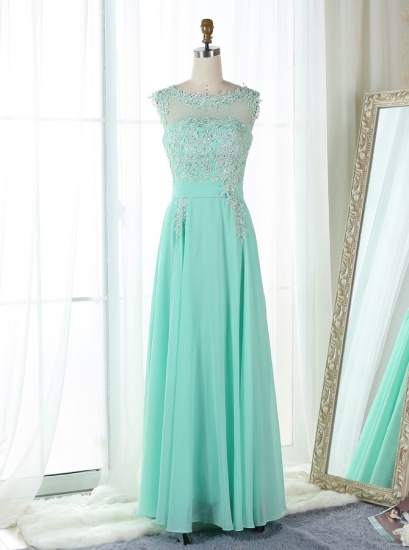 A-Line Bateau Mint Green Chiffon Appliques Prom Bridesmaid Dress - Click Image to Close