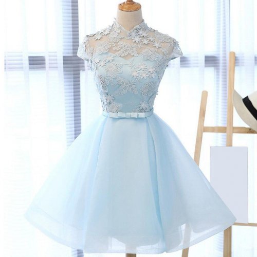 A-line High Neck Blue Tulle Homecoming Dress with Sash Appliques