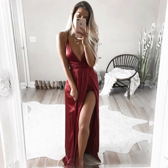 A-Line Spaghetti Straps Backless Floor-Length Dark Red Prom Dress - Click Image to Close