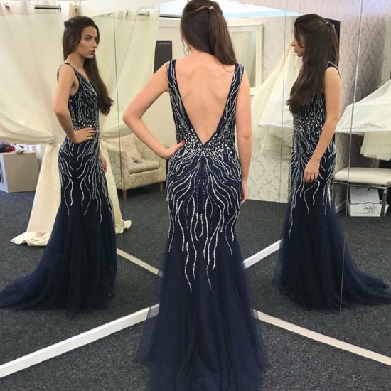 Mermaid Round Neck Backless Navy Blue Prom Dress with Beading - Click Image to Close