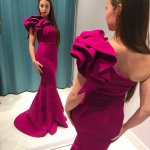 Mermaid One-Shoulder Sweep Train Fuchsia Prom Dress with Ruffles