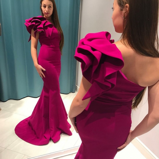Mermaid One-Shoulder Sweep Train Fuchsia Prom Dress with Ruffles - Click Image to Close