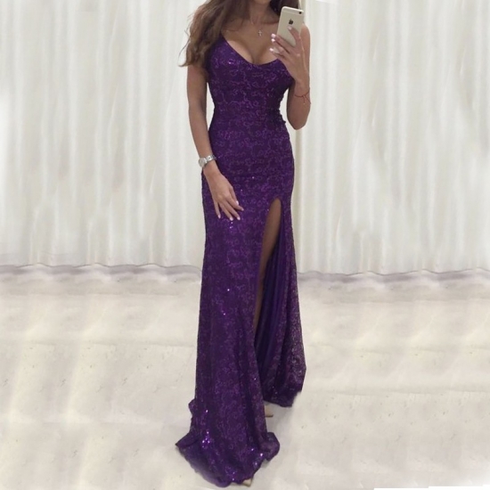 Mermaid Scoop Floor-Length Purple Lace Prom Dress with Sequins - Click Image to Close