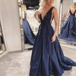 A-Line Deep V-Neck Backless Sweep Train Navy Blue Prom Dress with Pockets