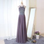 A-Line Spaghetti Straps Floor-Length Grey Chiffon Prom Dress with Beading