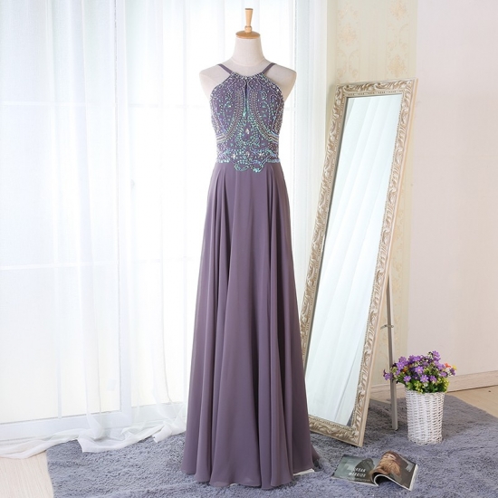 A-Line Spaghetti Straps Floor-Length Grey Chiffon Prom Dress with Beading - Click Image to Close