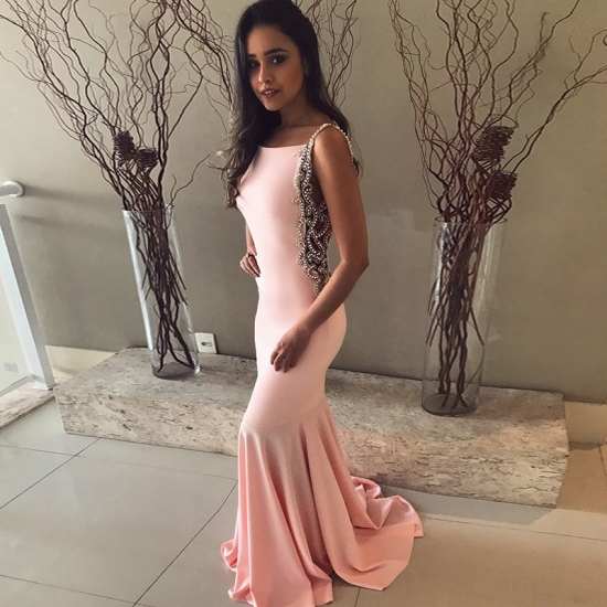 Mermaid Bateau Backless Sweep Train Pink Prom Dress with Beading - Click Image to Close
