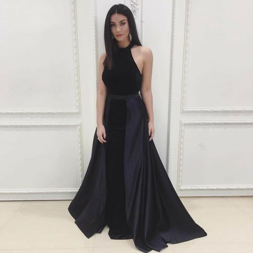 Mermaid Halter Backless Floor-Length Black Detachable Velvet Prom Dress