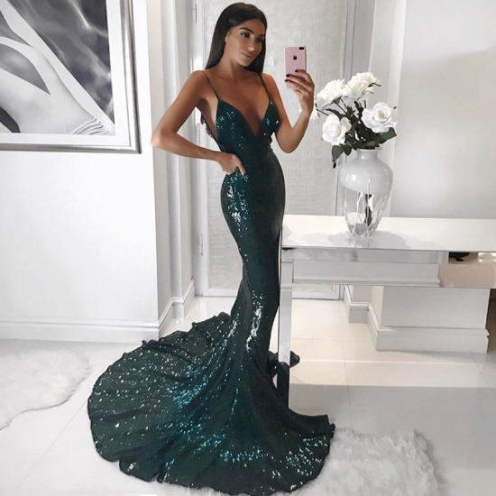 Mermaid Spaghetti Straps Sweep Train Dark Green Sequined Prom Dress - Click Image to Close