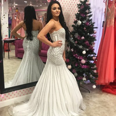 Mermaid Sweetheart Sweep Train White Prom Dress with Sequins