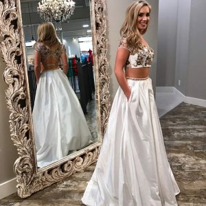 Two Piece V-Neck Short Sleeves White Satin Prom Dress with Beading Pockets