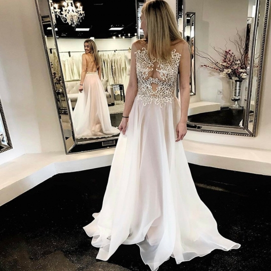 A-Line Bateau Open Back White Long Prom Dress with Appliques - Click Image to Close