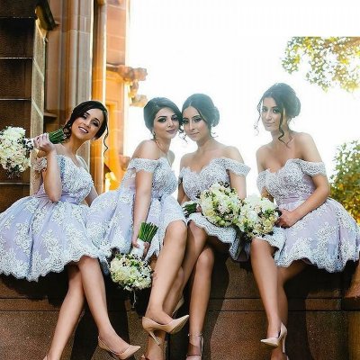 A-Line Off the Shoulder Lavender Lace Short Bridesmaid Dress