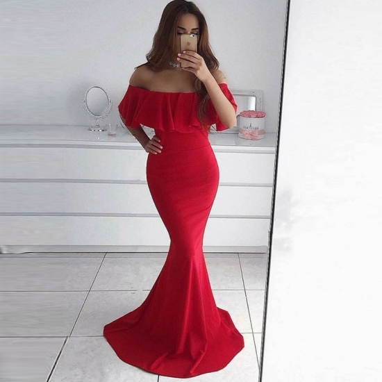 Mermaid Off-the-Shoulder Floor-Length Red Prom Dress - Click Image to Close