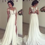 Sexy A-Line Split Side Sheer Neck Long Wedding Dress Bridal Gown with Lace