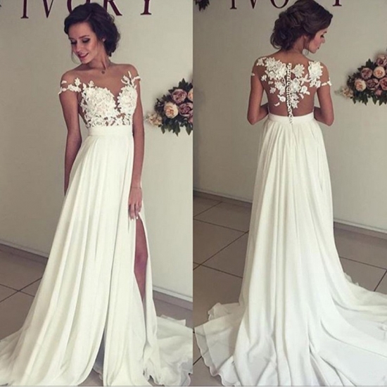 Sexy A-Line Split Side Sheer Neck Long Wedding Dress Bridal Gown with Lace - Click Image to Close